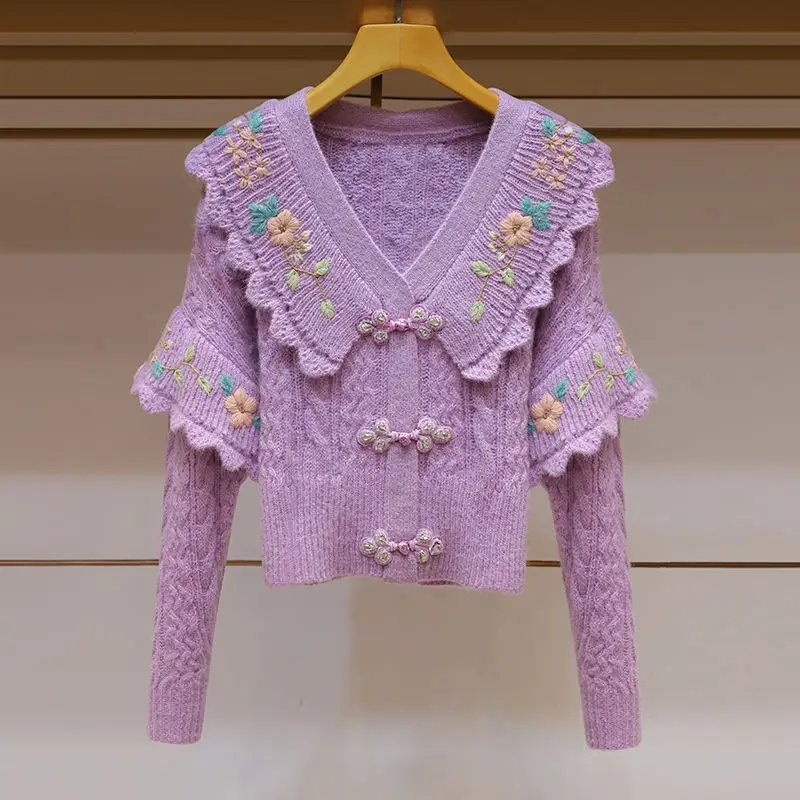 

Lapel Knitwear Wool Cashmere Pullovers Twist Diamond Button Purple High Quality Ruffles Floral Embroidery Sweater for Women X358