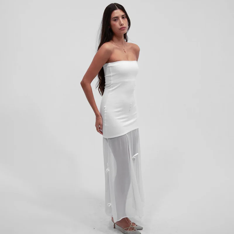 Tee Bow Mesh Patchwork Long Dress Women's Bandage See-Through Beach Holiday Party Dress Elegant Slim Maxi Dress Summer New