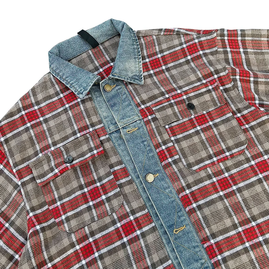 Men's Hi Street Shirts Vintage Denim Patchwork Plaid Shirts Long Sleeve Button Up Blouse Streetwear Hip Hop Oversized