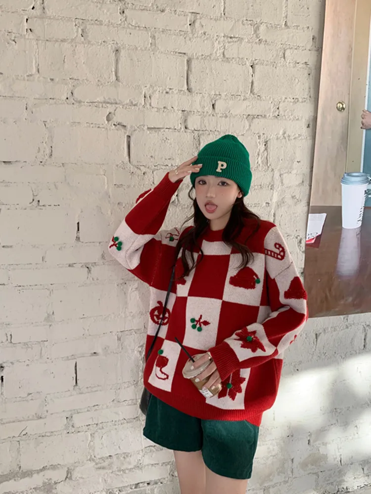 

DALMAZZO 2023 New Year's Christmas Jacquard Loose Sweater Fall And Winter Women Pullover Thick Warm Knitted Plaid Tops Clothes
