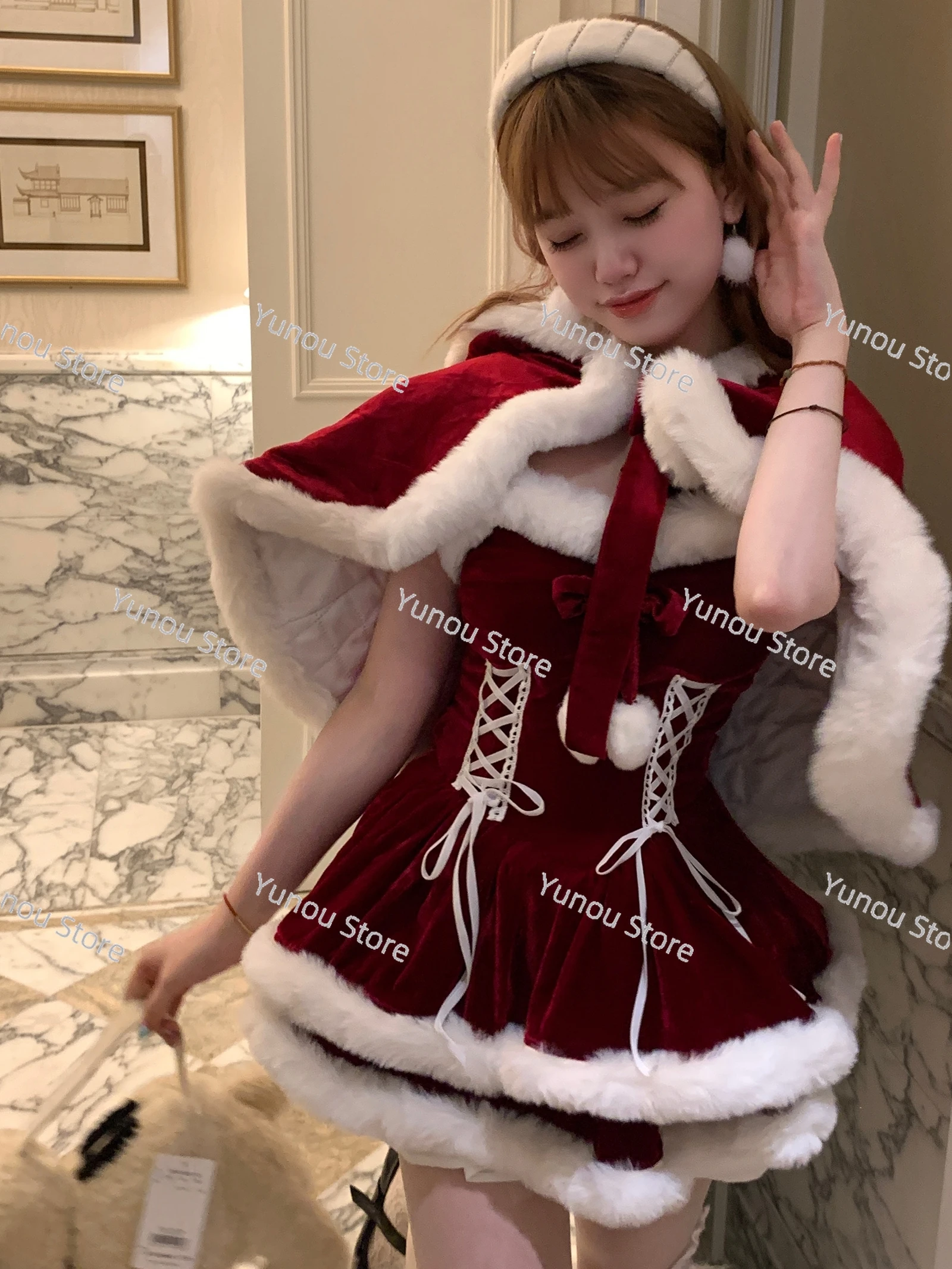 

Mori Woman Department Original Want To Go To The Seaside Christmas Overture Red Vitality Christmas Wind Sweet Cute Cloak Dress