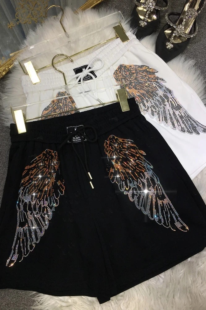 Luxury Hot Drilling Women Shorts Four Seasons Wear All-match Elastic Waist Wings Sweatpants All-match Wide Leg Short Pants