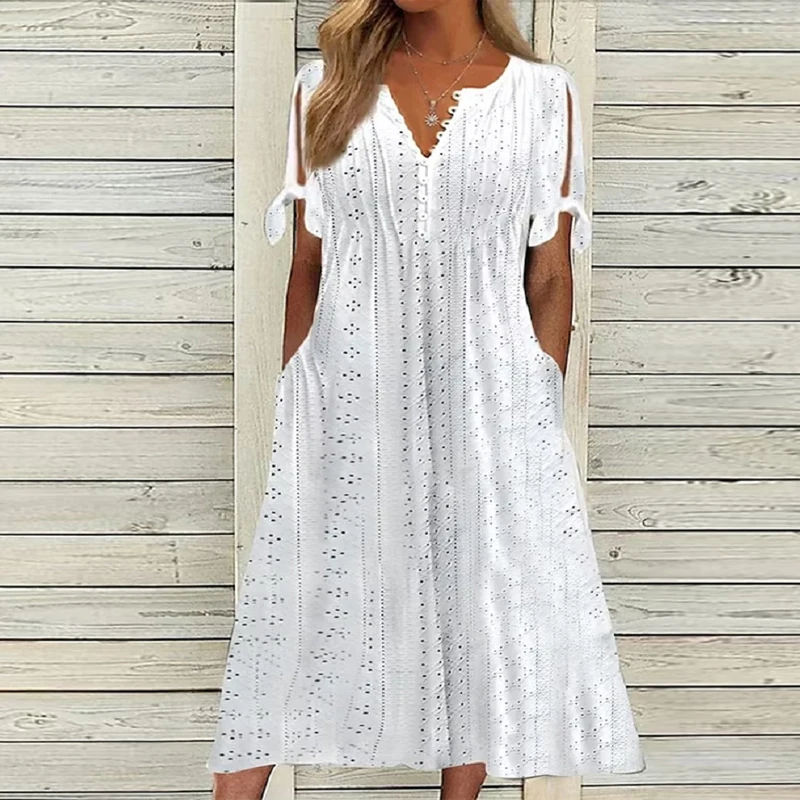 

Summer New Women Pleated Plain Lace V-neck Long Dress Retro Hollow Out Lace-Up Short Sleeve Dress Female Pocket Maxi Beach Dress