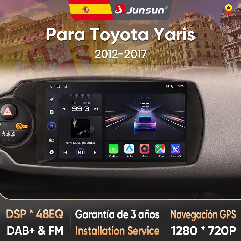 Junsun Autoradio für Toyota Yaris 2012 2013-2017, kabelloses CarPlay, Android Auto, intelligente Systeme, IPS/QLED-Touchscreen, 360°-Kamera, DSP, GPS-Navigation, WiFi, DAB+, RDS, FM/RAM, BT, SWC, Plug-and-Play, 2DIN, WiFi, 4G, Multimedia-Stereoanlage