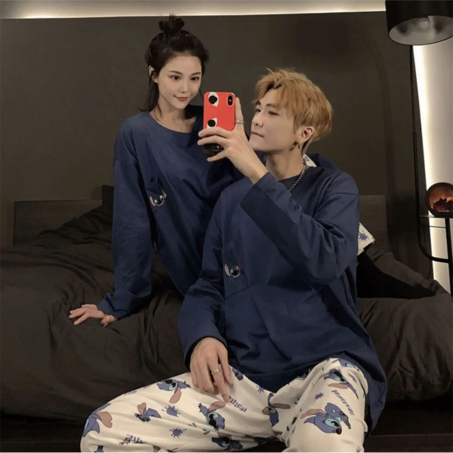 귀여운 애니메이션 스티치 커플 파자마 세트 봄과 가을 따뜻한 소녀 긴 소매 바지 잠옷 귀여운 홈웨어