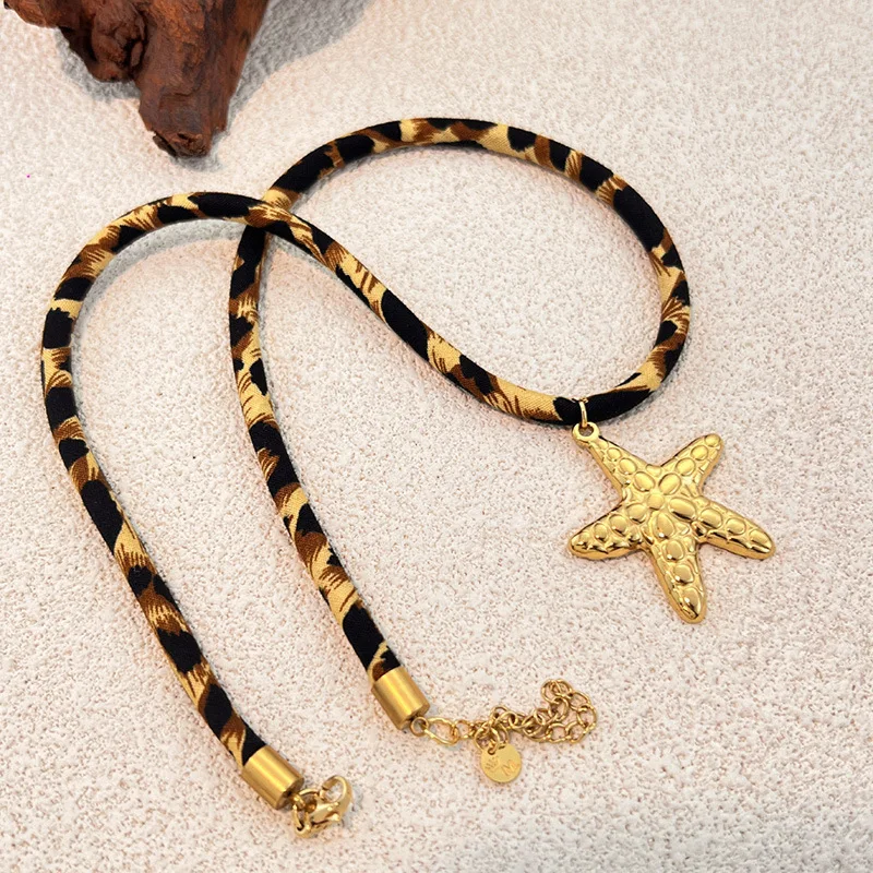 Classic Leopard Print Handmade Spiral Sun Shells Pendant Necklace Women 18K Gold Plated Starfish Imitation Pearl Collar Choker
