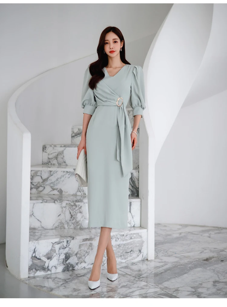 H Han Queen Summer Lantern Sleeve Sheath Pencil Bodycon Dress Elegant Simple Office Vestidos Slim Mid-Calf Casual Party Dresses