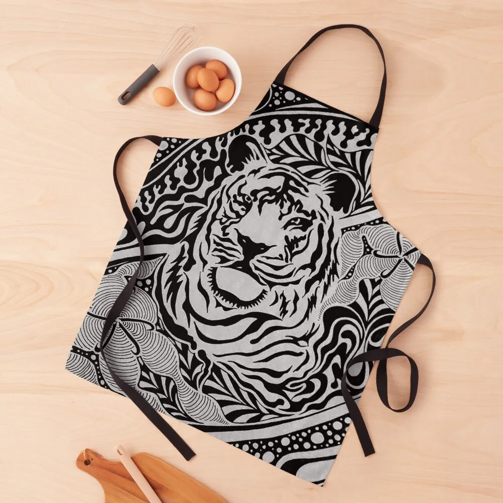 

Black & White Tiger Tangle Apron For Home Accessories barber uniform japanese style Kitchen on the wall Apron