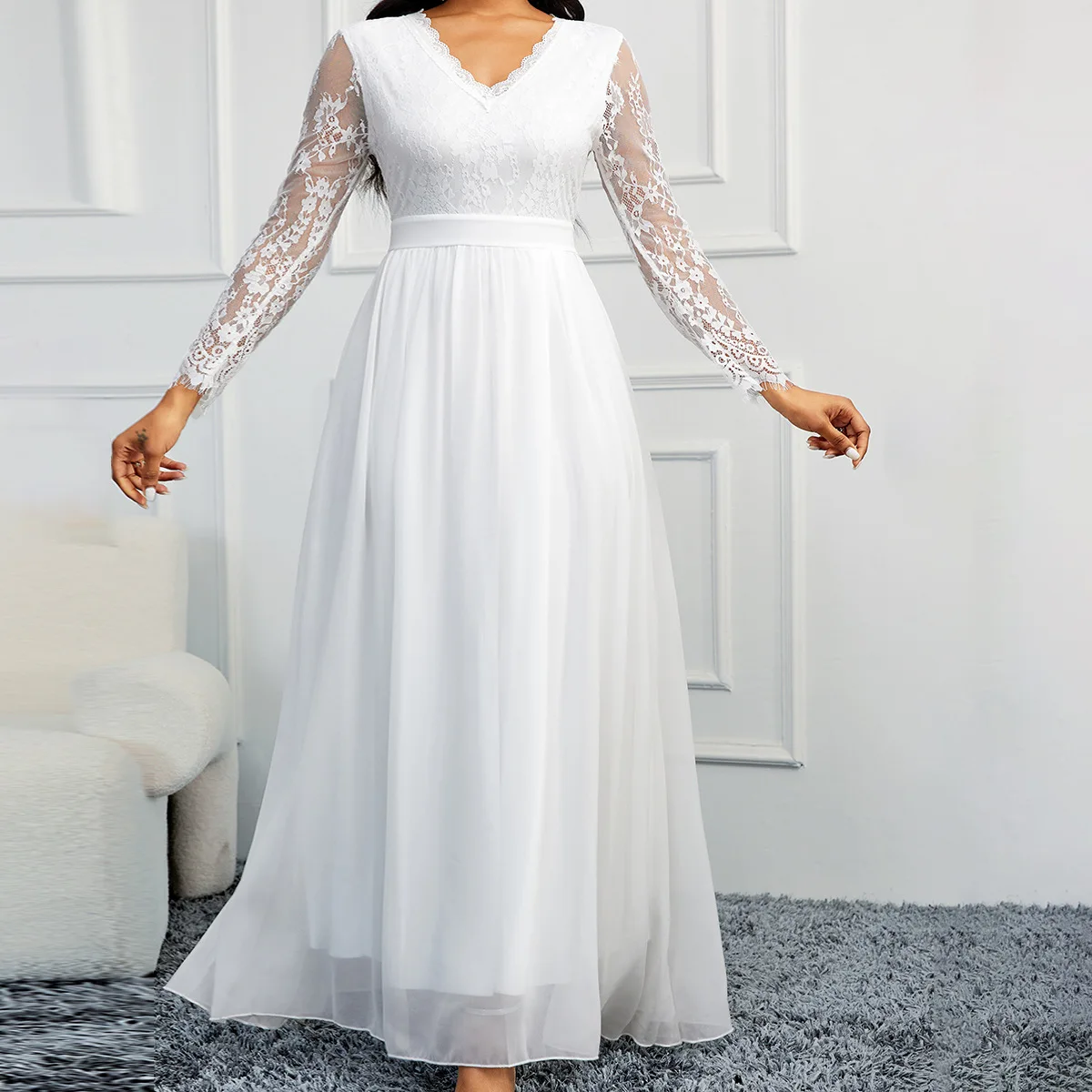 Elegant Wedding Dresses V-Neck Backless Evening Dress Tulle Sleeve Lace Robe De Soir&eacute;E De Mariage White Bridal Women Dress