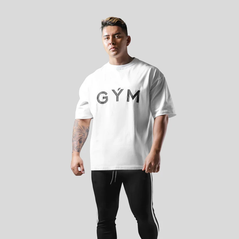 M-3XL Gym T-shirt Men Cotton Sports Short Sleeve Running T Shirt Fitness Loose Workout Tees Tops Summer Bodybuilding Clothing 3