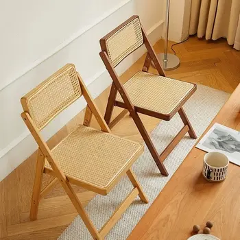 Rattan Chair Nordic Modern Backrest Dining Chair Home Simple Folding Chair Solid Wood Leisure Desk