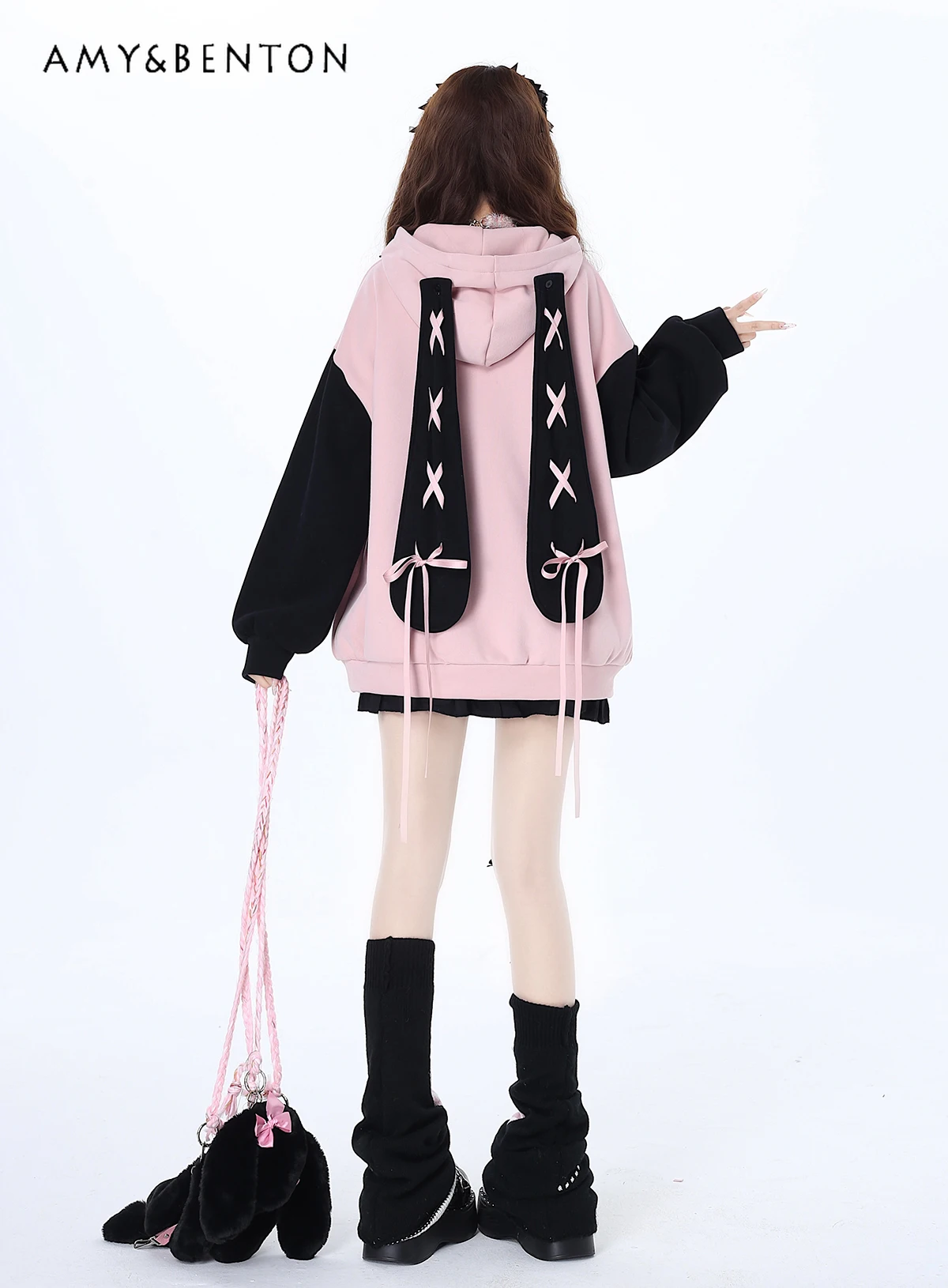 

Preppy Style Sweet Cute Rabbit Ears Bow Bandage Hooded Sweatshirt Women Kawaii Color Matching Y2K Oversized Hoodie Goth Hoodies