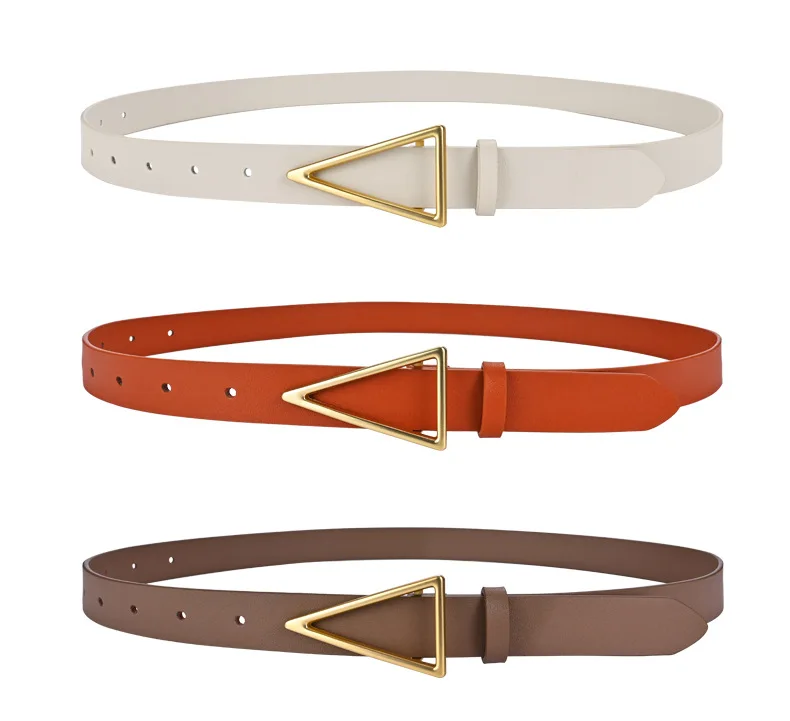 2023 New Wide Belt Women's BV True Cowhide Triangle Smooth Buckle Belt Minimalist INS Style Suit Dress Belt