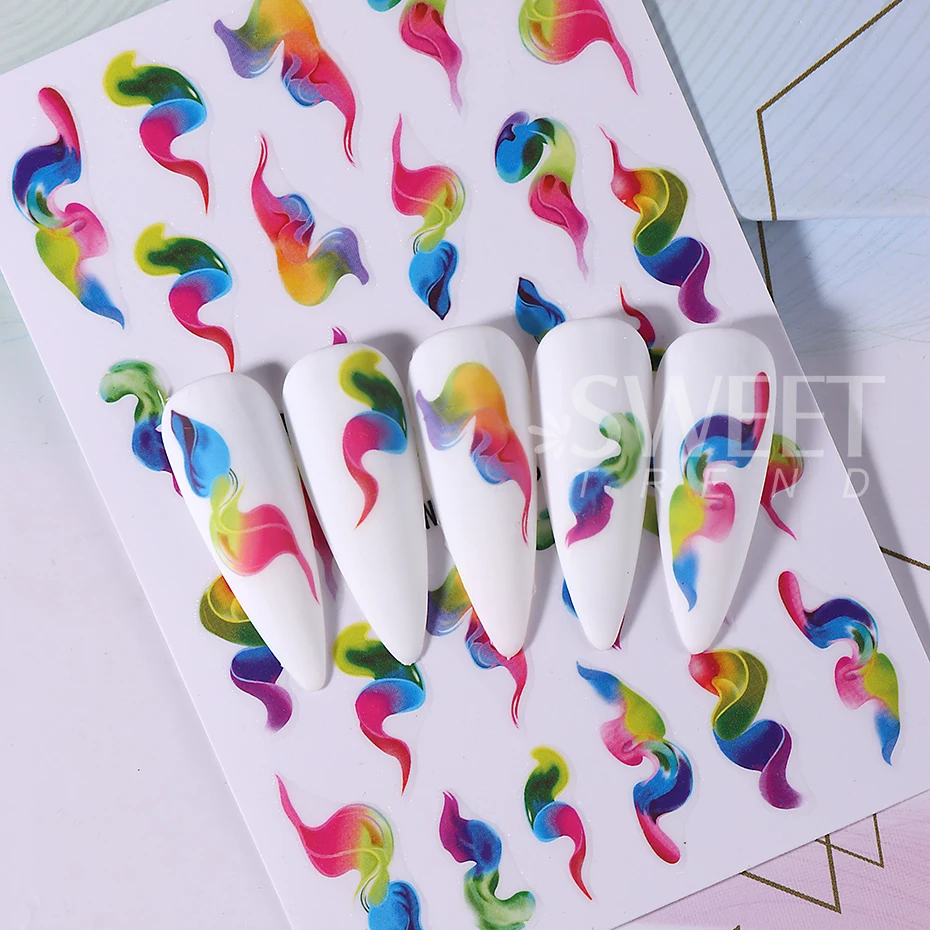 2pcs Ink Blooming 3D Nail Stickers Gradient Abstract Geometric Wave Line Smoke Stripe Y2K Nail Art Sliders Decal Manicure Decor