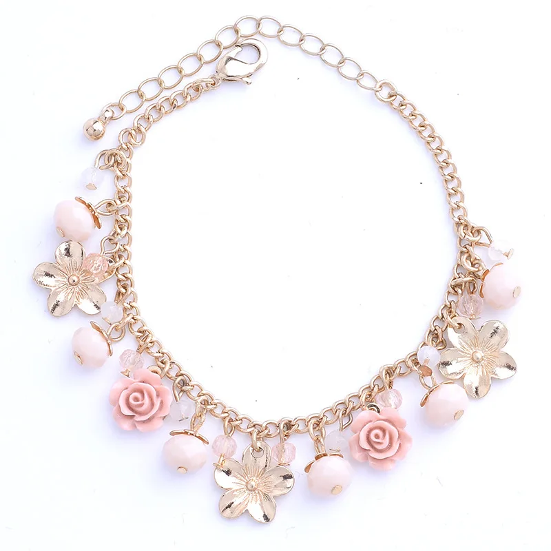 Fashion DIY Pink Flower Ornament Bracelet for Women Geometric Glass