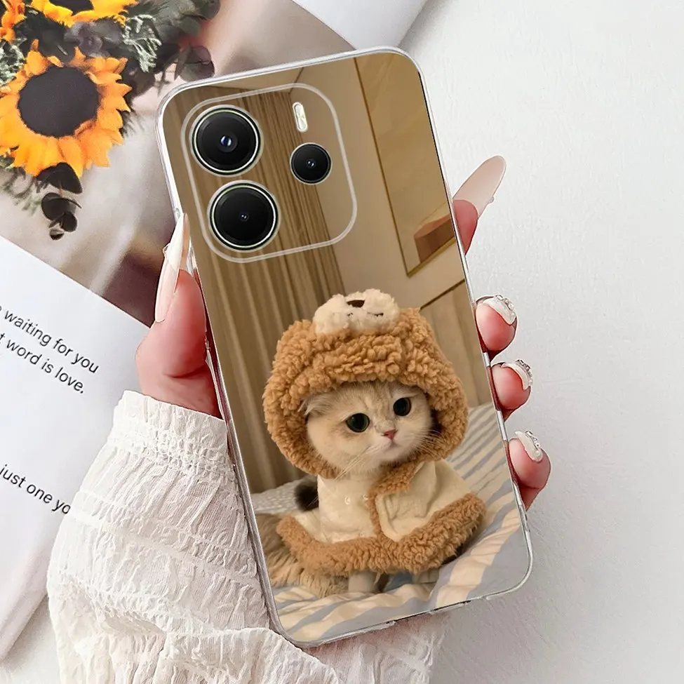 Clear Aesthetic Luxury Cute Cat & Floral Painted Soft Phone Case Cover
