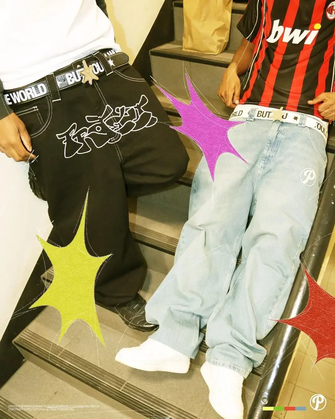 Y2K men\'s letter printed jeans fashion hip-hop trend straight casual pants loose lovers street American retro pants ins hot