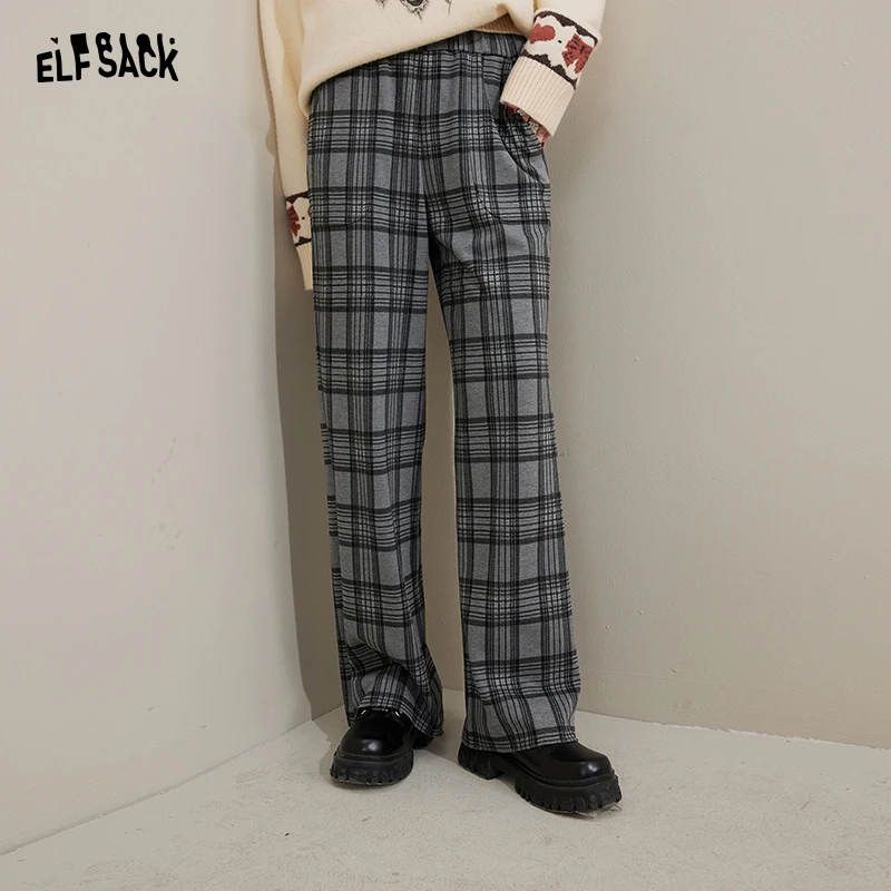 

ELFSACK Gray Knit Plaid Pants Women 2022 Autumn/Winter Loose High Waist Casual Daily Trousers