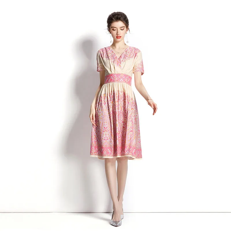 

2022 Summer New Dress for Women Elegant Fashion Chiffon Casual Knee-Length Sleeveless Party Floral V-Neck Pullover Empire Pink