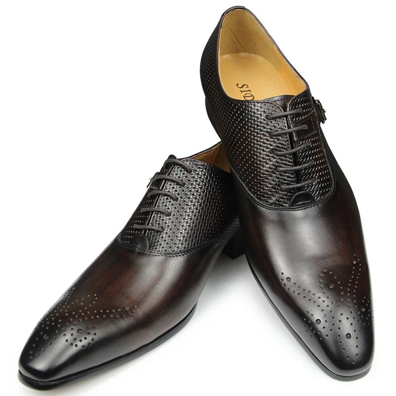 Mens Brogue Shoes Luxury Mens Business Genuine Leather Fashion Wedding Oxfords Lace-up Pointed Toe Black Green Coffee