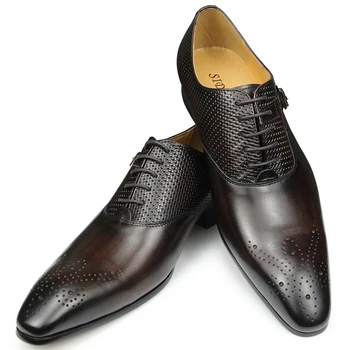 럭셔리 Mens 비즈니스 정품 가죽 신발 패션 웨딩 Oxfords 레이스 업 지적 발가락 블랙 그린 커피 Brogues 드레스 신발