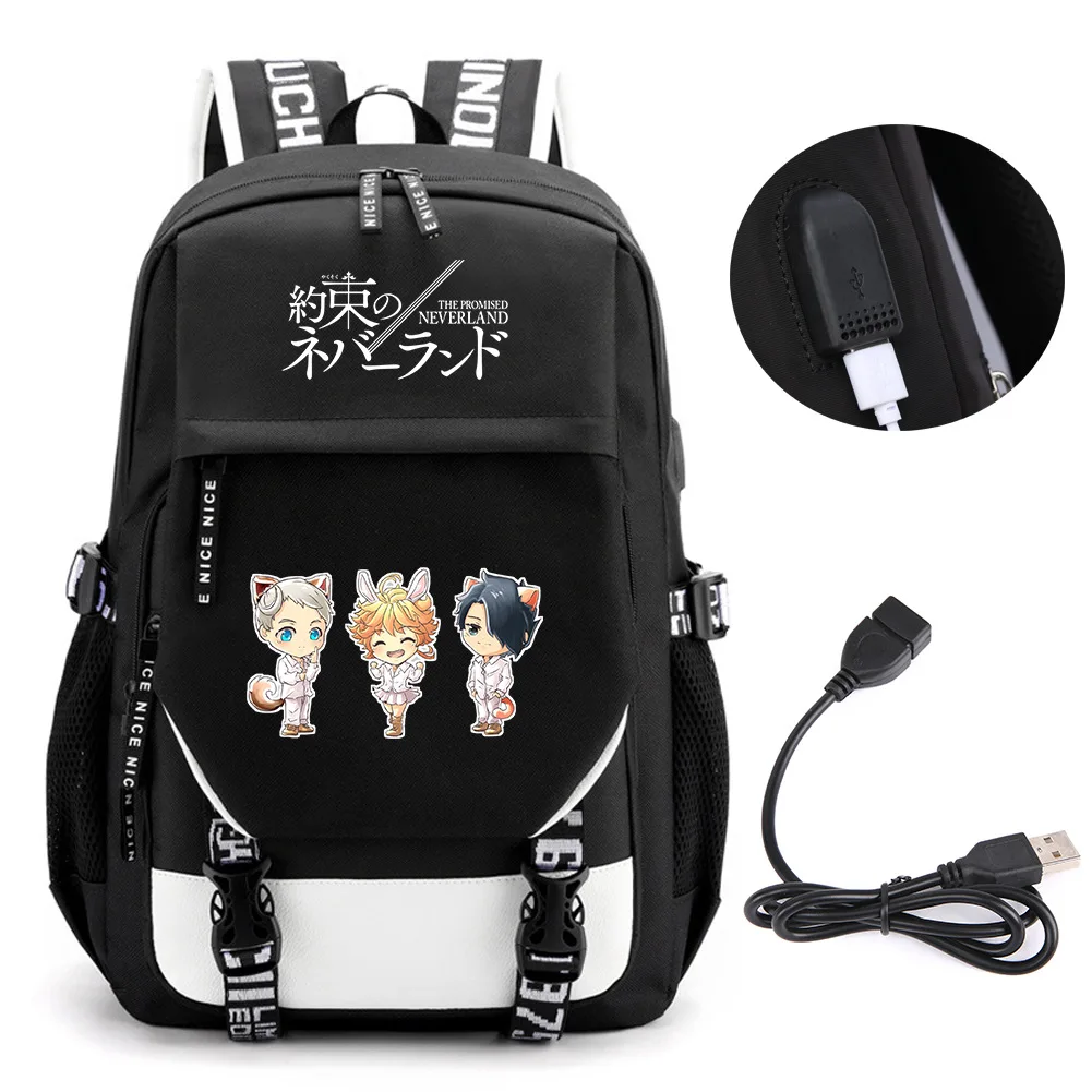 

Anime The Promised Neverland Backpack School Book Bags Mochila Travel USB Port Bag Laptop Boy Girls Backpack