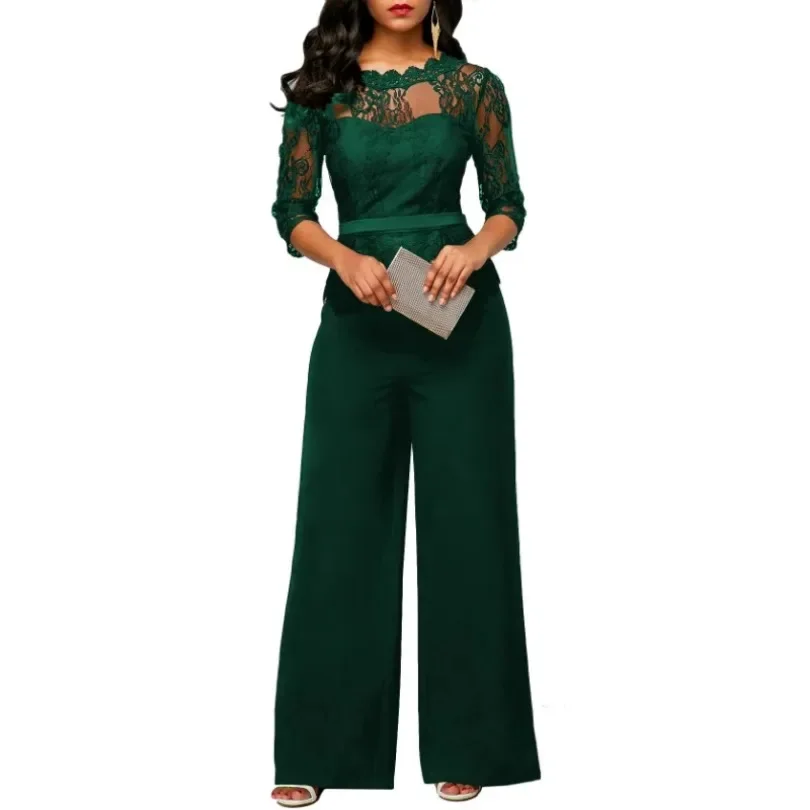 Black Elegant Lace Long Sleeve Women Jumpsuits Office Lady High Waist Pocket Solid Color Wide Leg Pants Spring Summer New