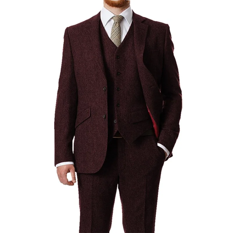 Brown Men's Vintage Suits 3 Pieces Latest Coat Designs Herringbone Tweed Tuxedos Winter Formal Wedding Suits Trajes De Hombre