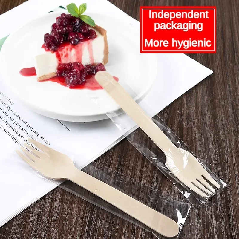 Disposable Wooden Spoon Set Wooden Knife Fork Cake Dessert Spoon Fruit Fork Ice Cream Biodegradable Commercial Tableware