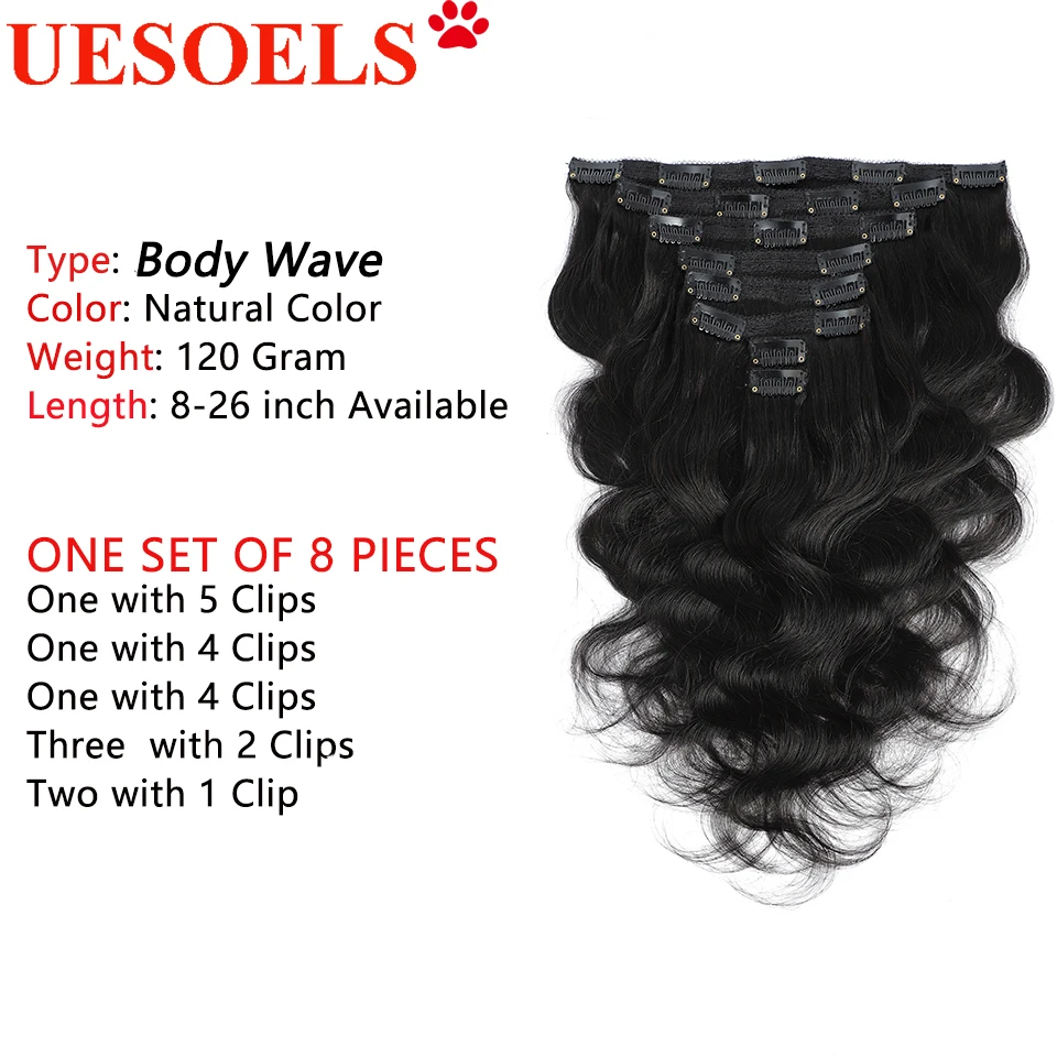 Clip In Human Hair Extensions 8 Pcs/Set Body Wave Natural Color Clip Ins 100% Remy Brazilian Hair 8-26 Inches 120G For Women
