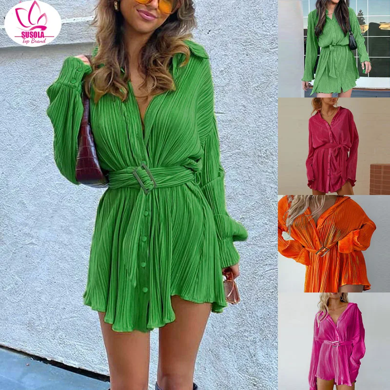 

Sexy Green Pleated Women's Mini Dress Skinny Puff Sleeve Lace Up Pleated Hem Dress Female Lady Summer Lady Party Club Vestidos