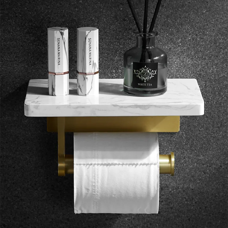 

Bathroom Roll Paper Holder Aluminum & Marble Bath Mobile Phone Towel Rack Toilet Tissue Shelf Wall Mounted Luxury Brushed Gold