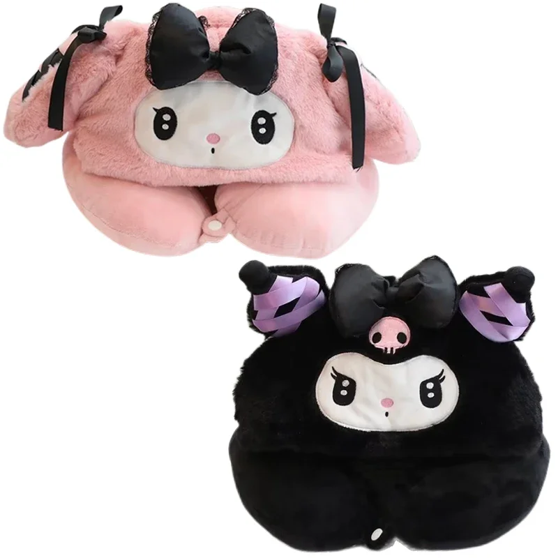 

Sanrioed Anime Cartoon Kuromi My Melody Plush Doll Office Siesta U-shaped Pillow Cute Portable Travel Hooded Neck Pillow