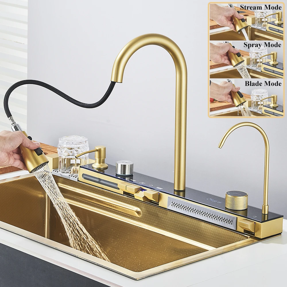 Gold Multifunctional Kitchen Waterfall Sink Digital Display Large Single Sink Dish Basin 304 Stainless Steel