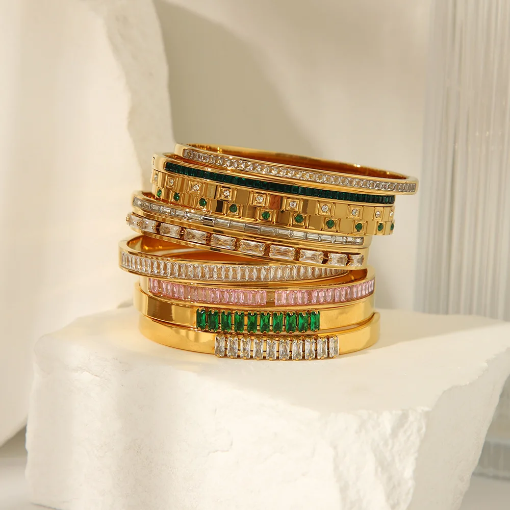 18K Gold Plated Polished No Tarnish Zircon Rhinestone Metal Bangles Bracelet Women Waterproof Stainless Steel Twist Open Bangle