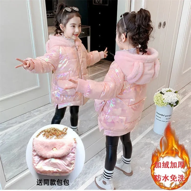 

-30℃ Winter kids Jackets Girls Bright Thicken Cotton Clothes Big Children Hooded Plus Velvet Outerwear Freezing Resistance Parka