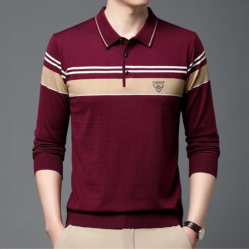 

Long Sleeved Polo Neck Texture Pullover Striped Printed Embroidery Fashionable Contrast Colors Versatile Men's Clothing