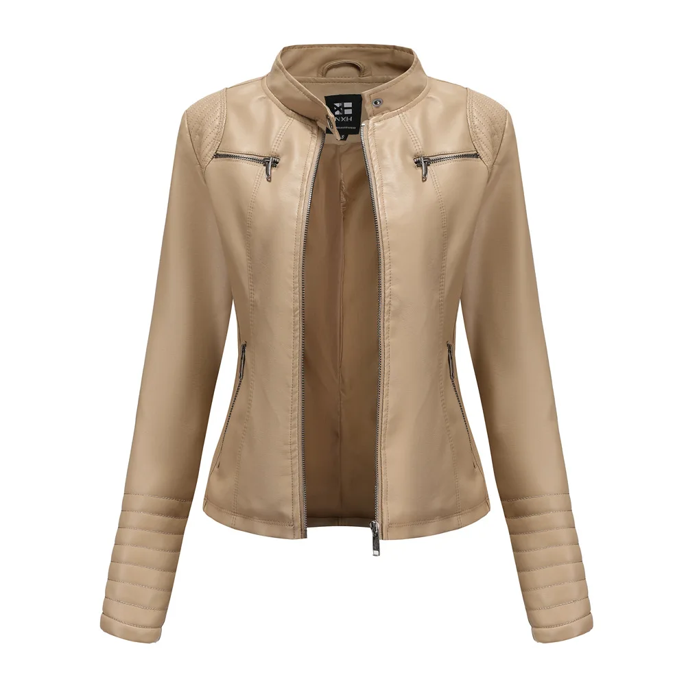 Faux Leather Women Coat Pu Coats Thin Jacket Full Sleeve Stand Collar Slim Fit Solid Sexy Regular Jackets Zipper Casual Splice