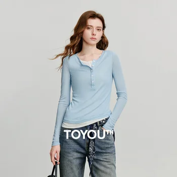 TOYOUTH T-shirt a maniche lunghe da donna 2025 Autunno Nuovo blocco colore Falso in due pezzi Pullover leggero alla moda 1