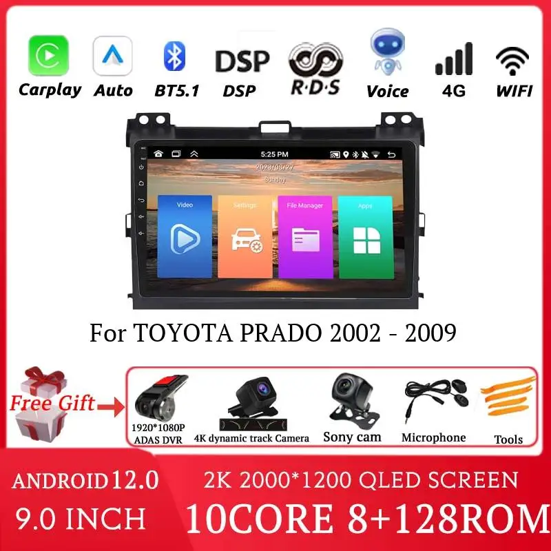 

2K беспроводной Carplay для TOYOTA PRADO 2002-2009 Автомобильный мультимедийный видеоплеер с bluetooth-навигацией GPS dvd Автомобильный android 2din