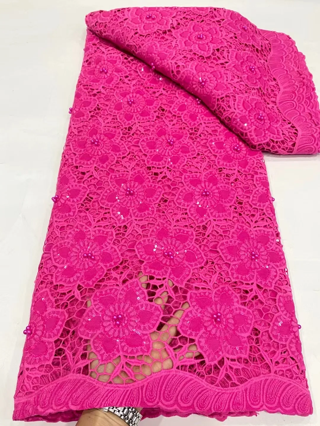

Fashion Nigerian Water Soluble Pearls Lace Fabric 2023 African High Quality Guipure Cord Sequins Fabric For Bridal Dinner Dresse