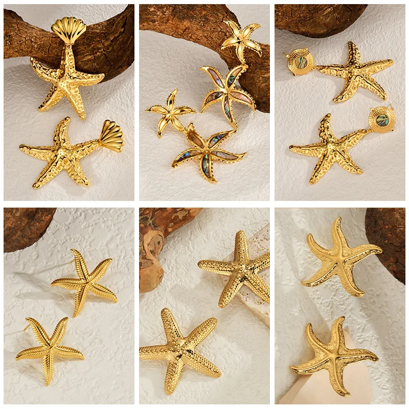 Summer Sea Beach Style Starfish Ear Pendants Gold-plated Stainless Steel Earrings Women Gift