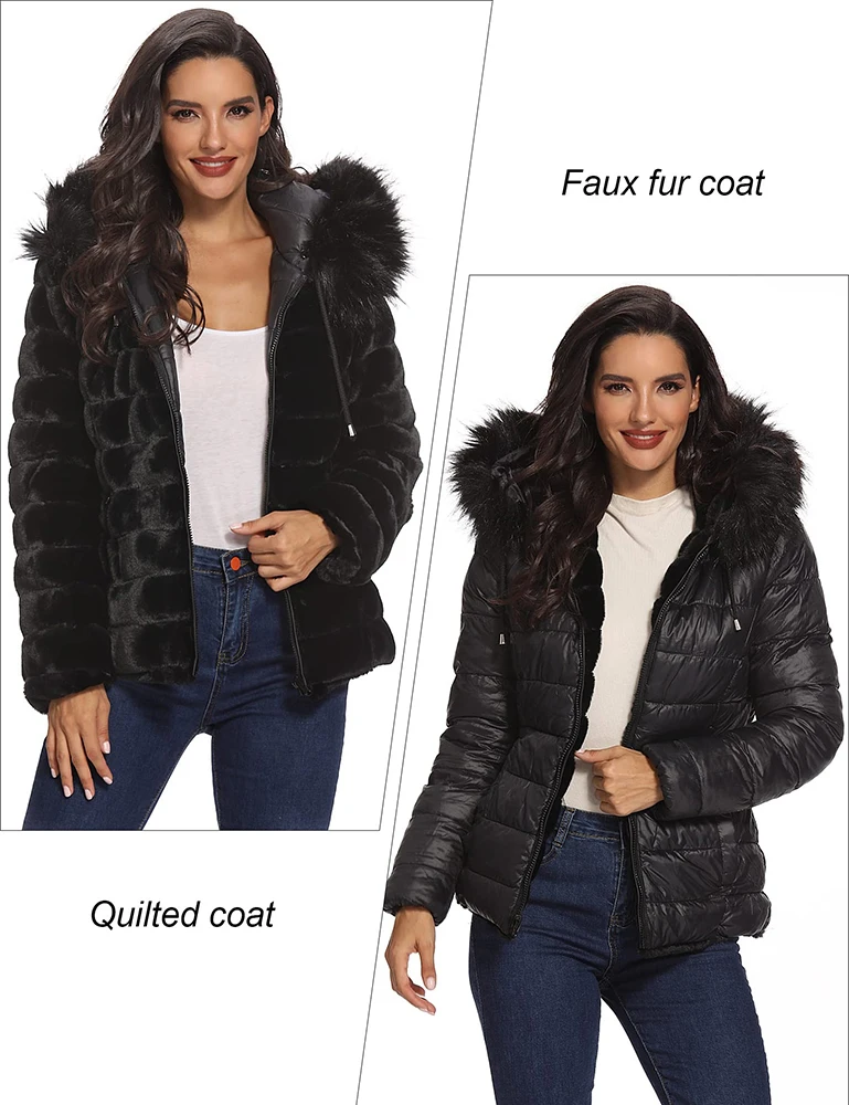Giolshon Women Winter Double Sided Hooded Puffer Coat Detachable Faux Fur Collar Warm Female Fur Jacket Windproof Down Coat