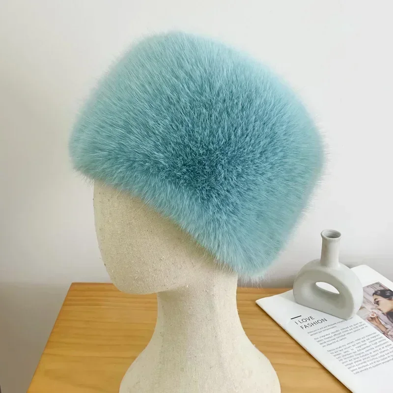 Super Fashion Winter Snow Hat Faux Fur Thick Women Fluffy Fur Cap Ski Russian Windproof Hat Party Luxury Warm Fox Fur Cap Black 2