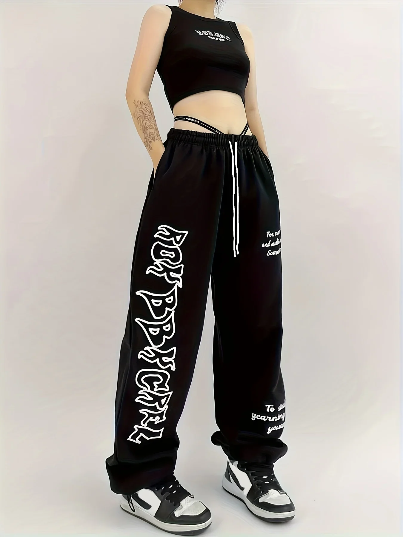 2026 Summer Kids Quick Dry Loose Pants Black White Gothic Text & Quote Print Drawstring Elastic Waist Casual Streetwear Trousers