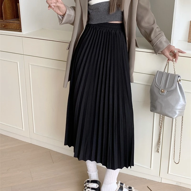 Autumn and Winter New Skirts Women Solid Color High-waisted A-line Slim Thin Elastic Waist Pleated Office Lady Long Skirt Female