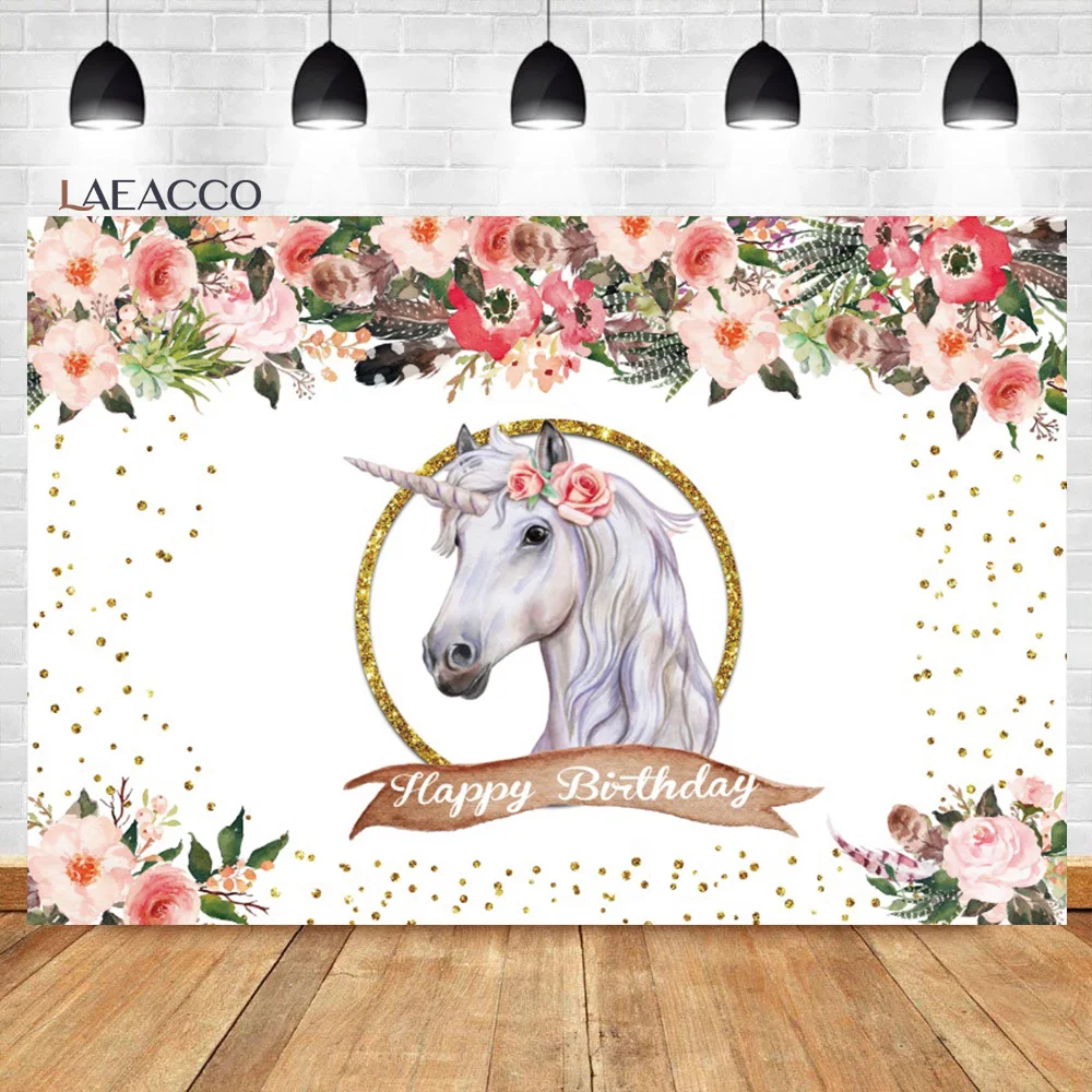 

Laeacco Unicorn Birthday Background Watercolor Floral Gold Glitter Dots Baby Shower Portrait Customized Photography Background