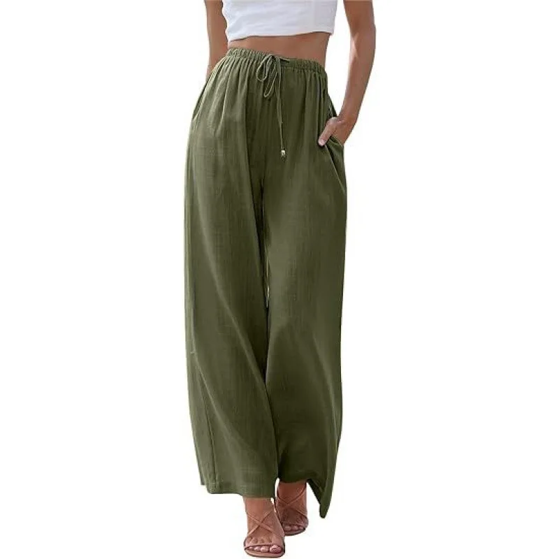Women’s summer linen wide leg high waist drawstring casual palazzo pants with pockets green
