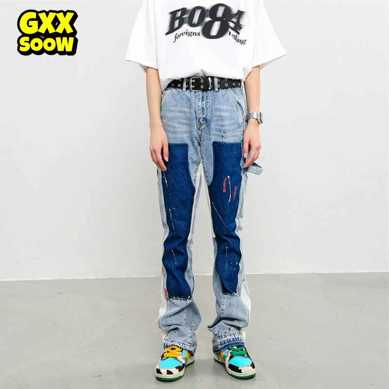 

Vintage Jeans High Street Wash Paint Denim Pants Color Block Patchwork Patch Jeans Straight Casual Pants for Men
