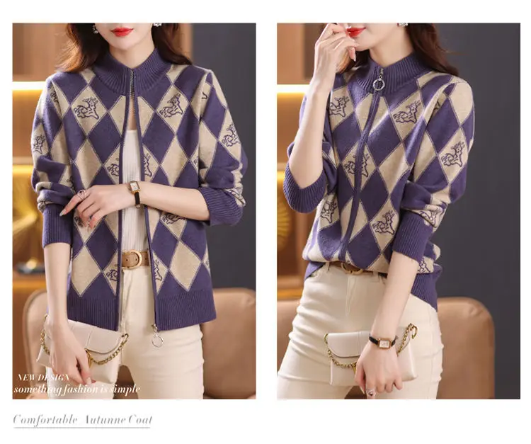 Women's Korean Vintage Plaid Sweaters Cardigan Autumn Winter Casual All-match Stand Collar Zipper Knitted Tops Female Clothing